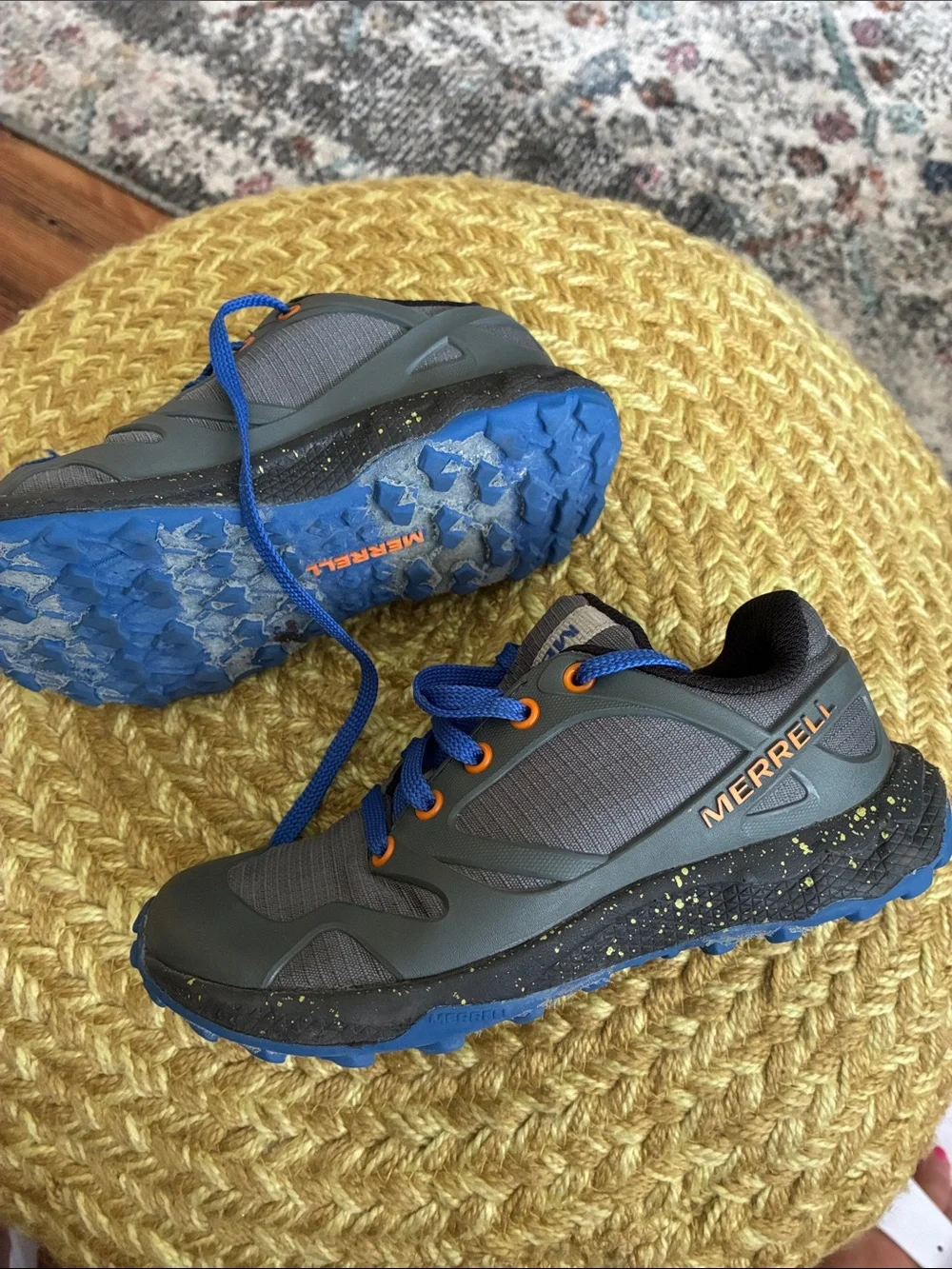 Merrell Kids Gray Sneakers with Blue Laces and Orange Eyelets